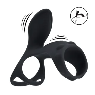 Penis- und Hodenring mit Vibration und Schaftschlaufe Silikon Schwarz 14 cm