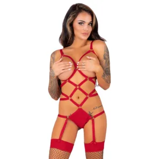 Dessous-Set Thiara mit offenen Cups und Strümpfen Rot L/XL