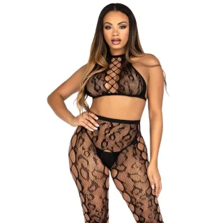 Dessous-Set Zweiteilig aus Netz mit Crop-Top und Strumpfhose ohne Schritt Schwarz