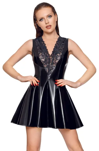 Black Level - Lackkleid - Mini-Kleid mit Spitzen-Dekolleté - schwarz - XL