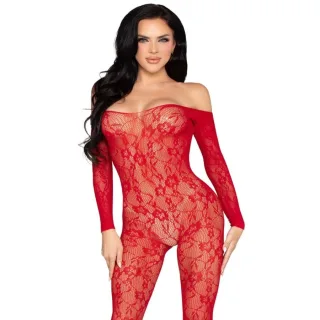 Bodystocking Blumenspitze Off-Shoulder Rot